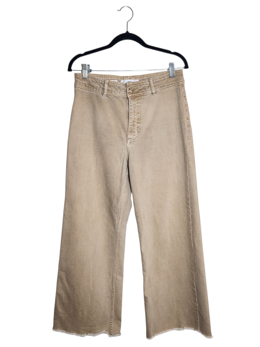 MNG Catherine Distressed Tan Wide Leg Jeans with Cut-Off Hem Size 8